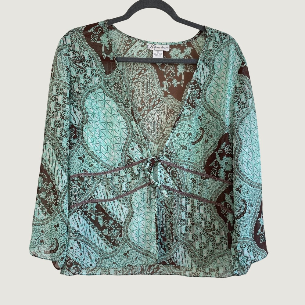 Dressbarn Blouse Women M Teal Brown Sheer Batik‎ Paisley Tie Front Boho Y2K Top
